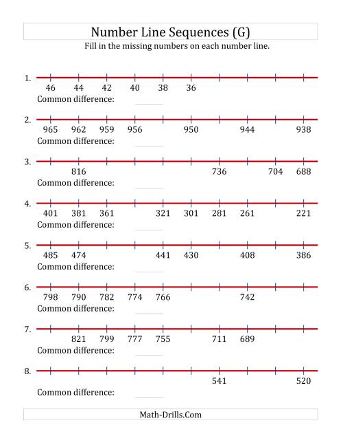 The Decreasing Number Line Sequences with Missing Numbers (Max. 1000) (G) Math Worksheet