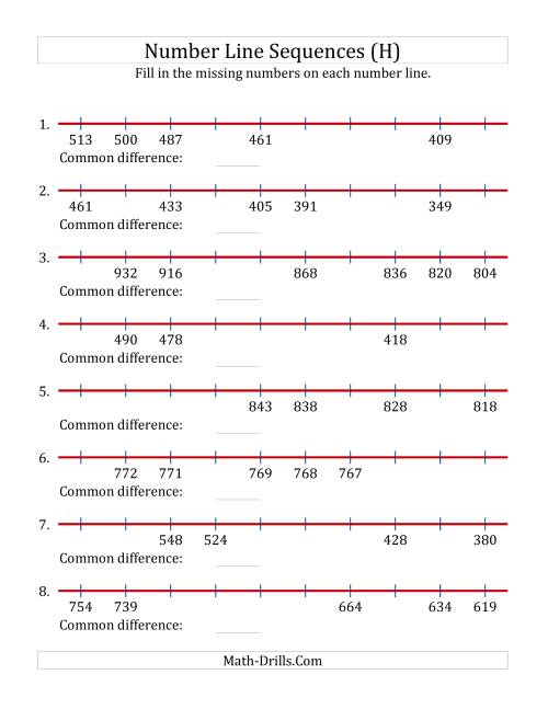 The Decreasing Number Line Sequences with Missing Numbers (Max. 1000) (H) Math Worksheet