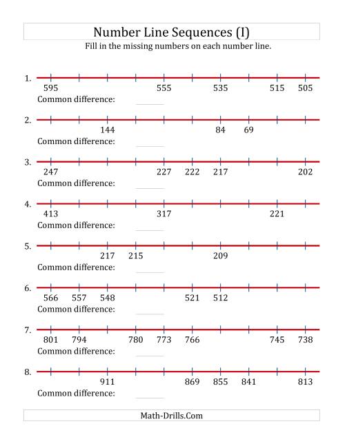 The Decreasing Number Line Sequences with Missing Numbers (Max. 1000) (I) Math Worksheet