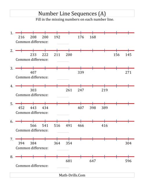 The Decreasing Number Line Sequences with Missing Numbers (Max. 1000) (All) Math Worksheet