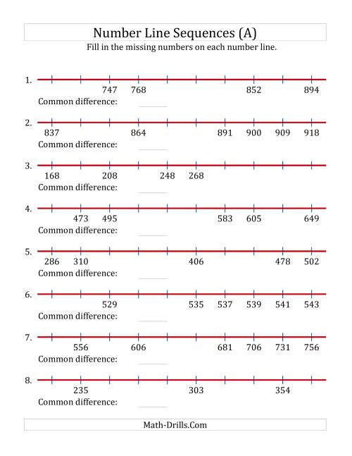 The Increasing Number Line Sequences with Missing Numbers (Max. 1000) (A) Math Worksheet