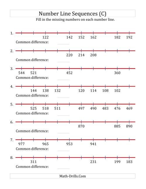 The Increasing and Decreasing Number Line Sequences with Missing Numbers (Max. 1000) (C) Math Worksheet