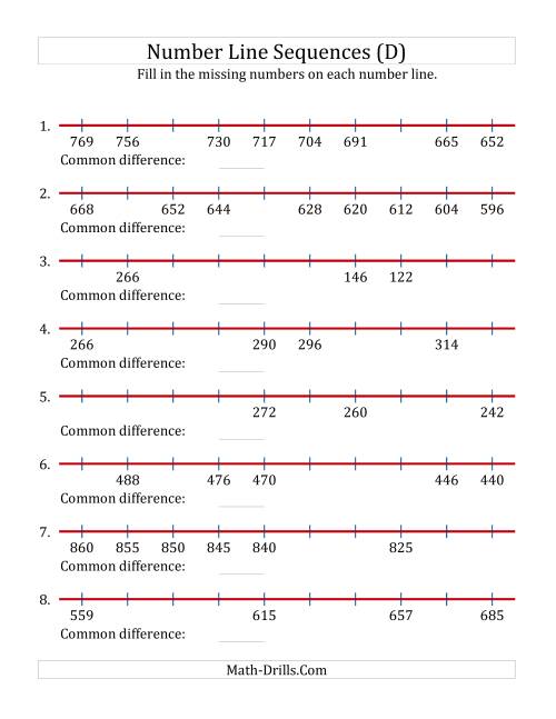 The Increasing and Decreasing Number Line Sequences with Missing Numbers (Max. 1000) (D) Math Worksheet