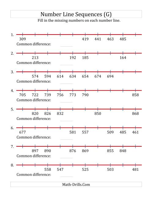 The Increasing and Decreasing Number Line Sequences with Missing Numbers (Max. 1000) (G) Math Worksheet