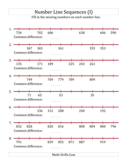 The Increasing and Decreasing Number Line Sequences with Missing Numbers (Max. 1000) (I) Math Worksheet