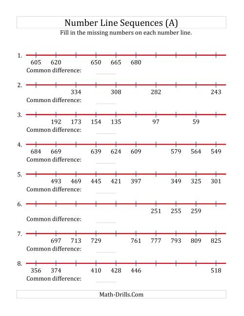 The Increasing and Decreasing Number Line Sequences with Missing Numbers (Max. 1000) (All) Math Worksheet