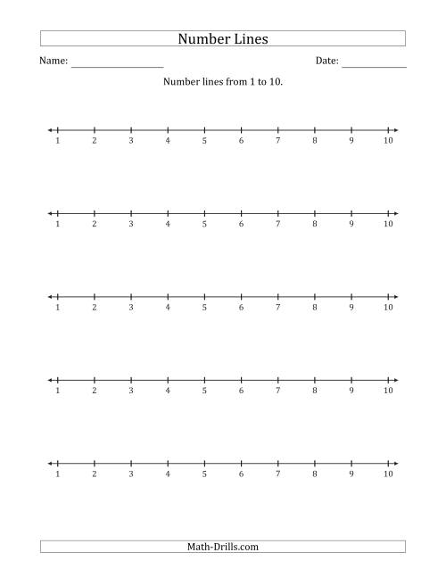 The Number Lines from 1 to 10 Counting by 1 Math Worksheet