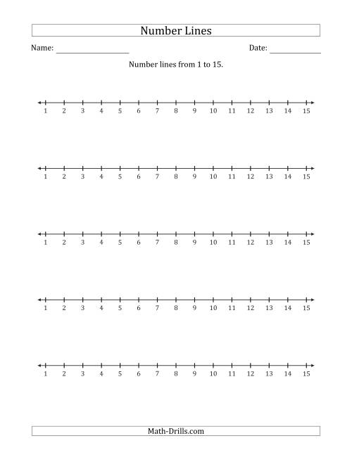 The Number Lines from 1 to 15 Counting by 1 Math Worksheet