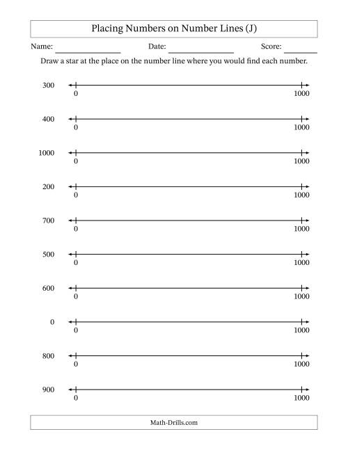 The Placing Rounded Numbers on Number Lines from Zero to One Thousand (J) Math Worksheet