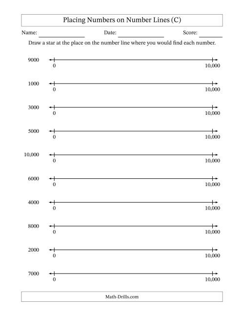 The Placing Rounded Numbers on Number Lines from Zero to Ten Thousand (C) Math Worksheet