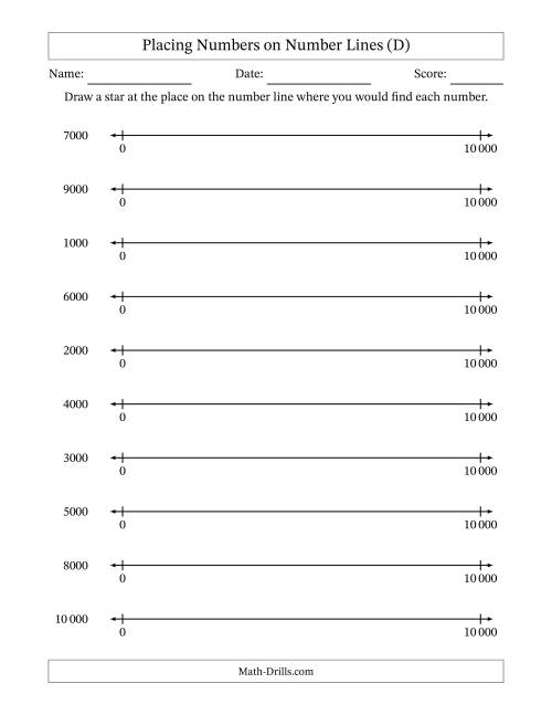 The Placing Rounded Numbers on Number Lines from Zero to Ten Thousand (SI Version) (D) Math Worksheet