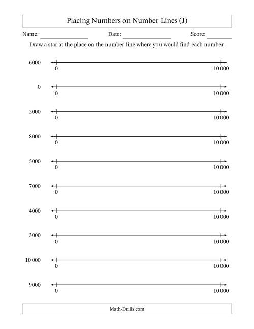 The Placing Rounded Numbers on Number Lines from Zero to Ten Thousand (SI Version) (J) Math Worksheet
