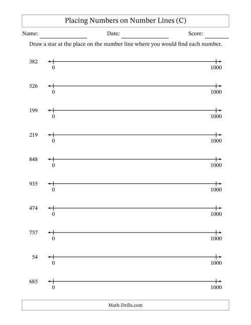 The Placing Numbers on Number Lines from 0 to 1000 (C) Math Worksheet