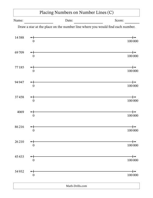 The Placing Numbers on Number Lines from  0 to 100 000 (SI Version) (C) Math Worksheet