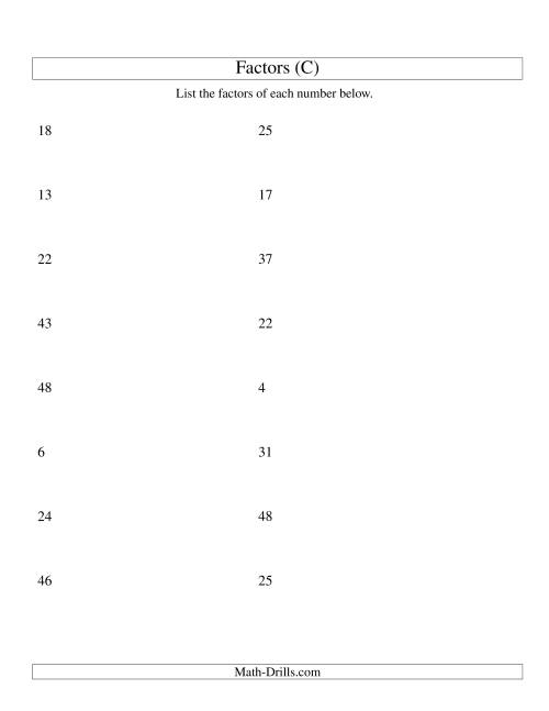 The Finding All Factors of a Number (range 4 to 50) (C) Math Worksheet