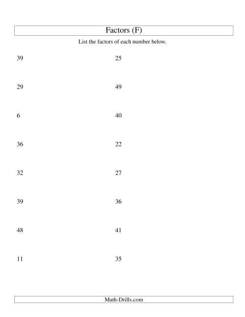 The Finding All Factors of a Number (range 4 to 50) (F) Math Worksheet