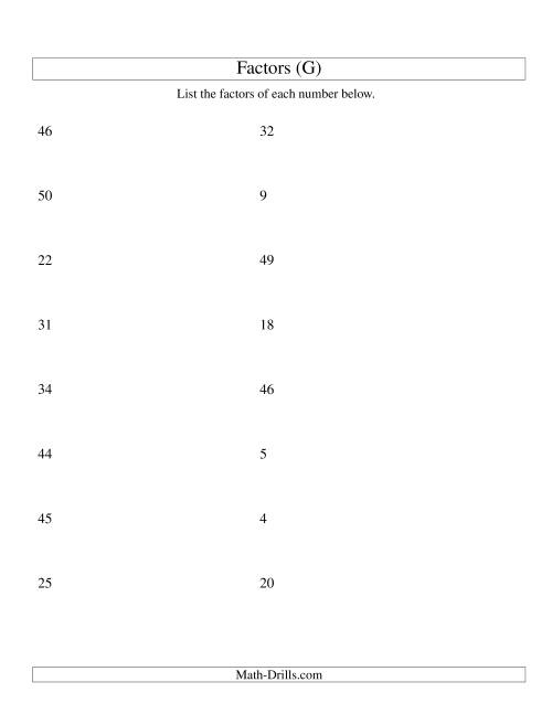 The Finding All Factors of a Number (range 4 to 50) (G) Math Worksheet