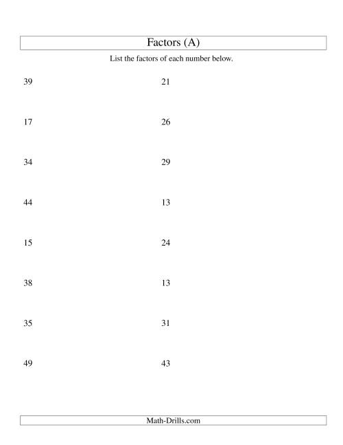 The Finding All Factors of a Number (range 4 to 50) (All) Math Worksheet