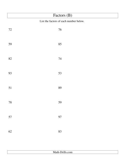 The Finding All Factors of a Number (range 50 to 100) (B) Math Worksheet