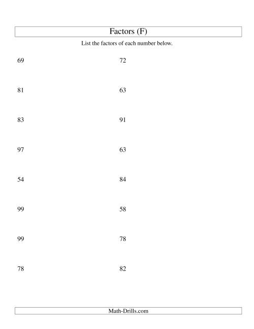 The Finding All Factors of a Number (range 50 to 100) (F) Math Worksheet