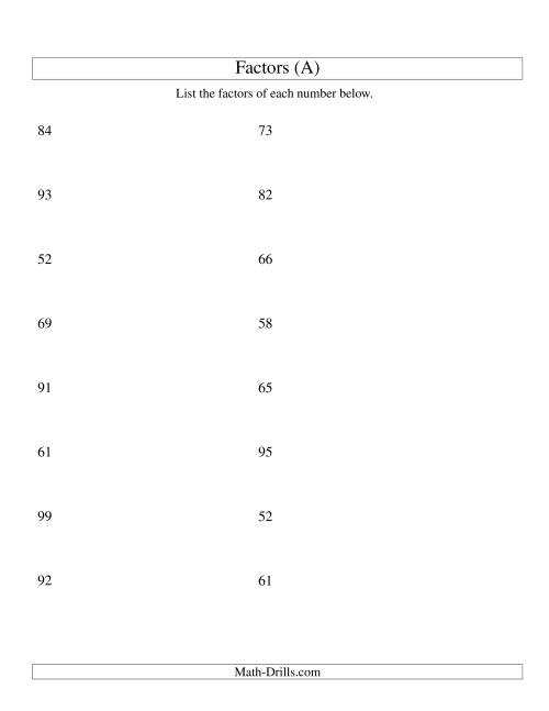 The Finding All Factors of a Number (range 50 to 100) (All) Math Worksheet