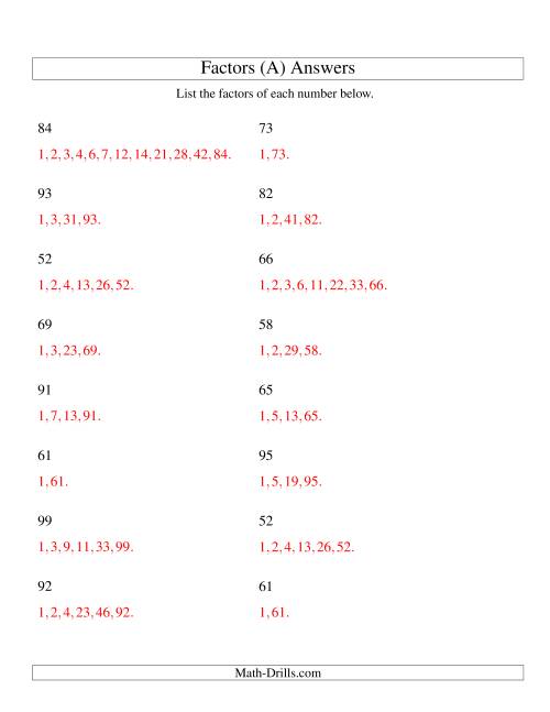 The Finding All Factors of a Number (range 50 to 100) (All) Math Worksheet Page 2