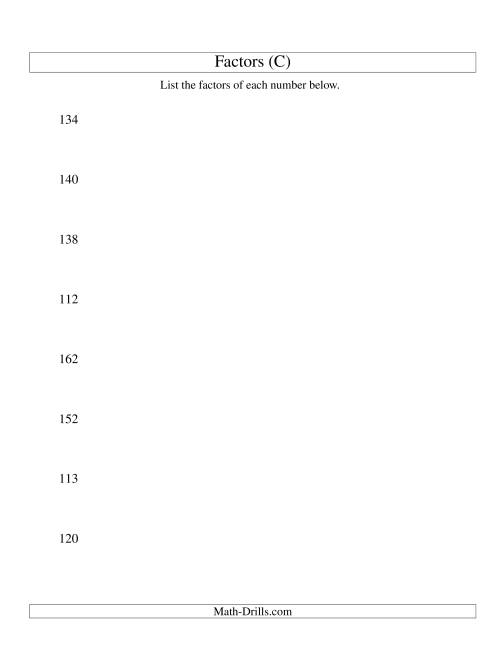 The Finding All Factors of a Number (range 100 to 200) (C) Math Worksheet
