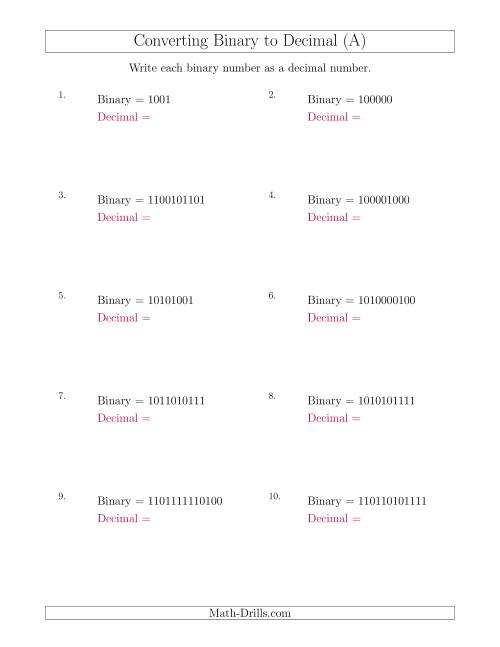 The Converting Binary Numbers to Decimal Numbers (A) Math Worksheet