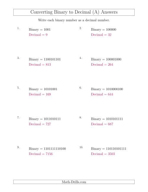 The Converting Binary Numbers to Decimal Numbers (A) Math Worksheet Page 2