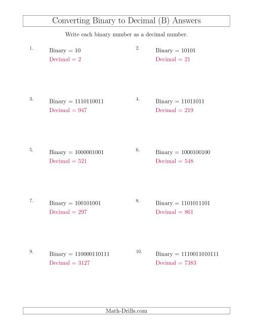 The Converting Binary Numbers to Decimal Numbers (B) Math Worksheet Page 2