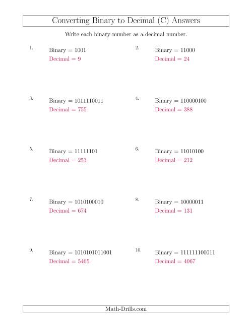 The Converting Binary Numbers to Decimal Numbers (C) Math Worksheet Page 2