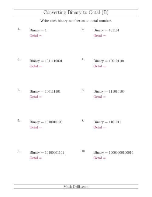 The Converting Binary Numbers to Octal Numbers (B) Math Worksheet