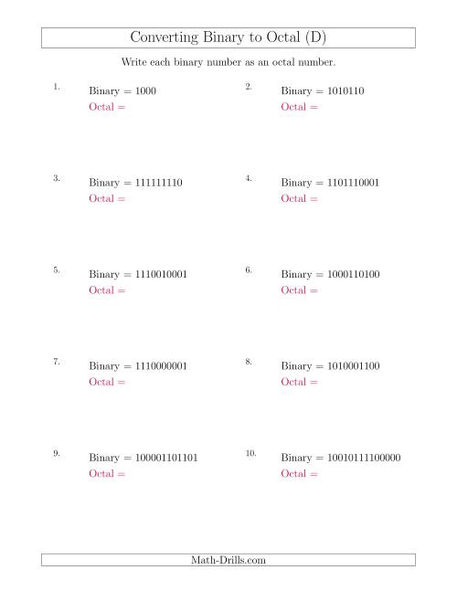 The Converting Binary Numbers to Octal Numbers (D) Math Worksheet
