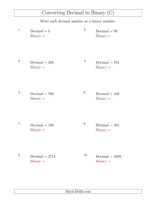 The Converting Decimal Numbers to Binary Numbers (C) Math Worksheet