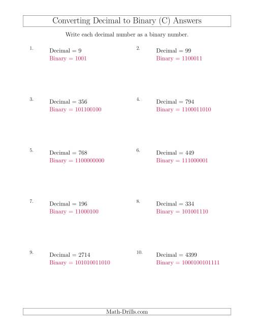 The Converting Decimal Numbers to Binary Numbers (C) Math Worksheet Page 2