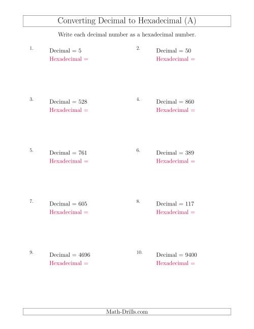 The Converting Decimal Numbers to Hexadecimal Numbers (A) Math Worksheet