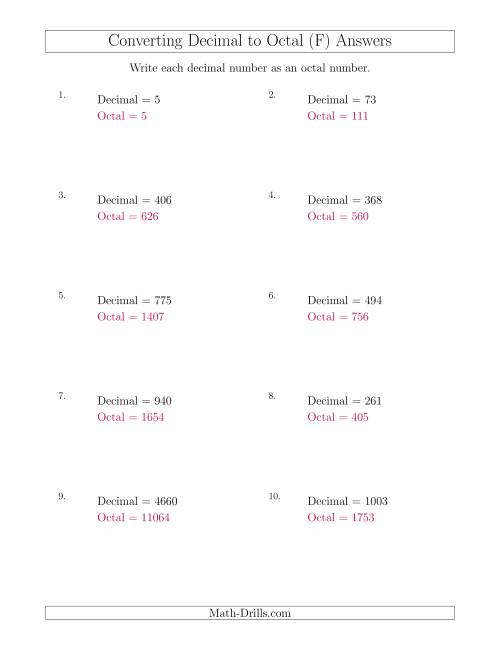 The Converting Decimal Numbers to Octal Numbers (F) Math Worksheet Page 2