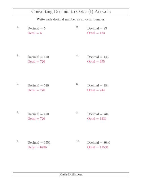 The Converting Decimal Numbers to Octal Numbers (I) Math Worksheet Page 2