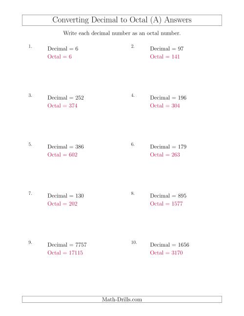 The Converting Decimal Numbers to Octal Numbers (All) Math Worksheet Page 2