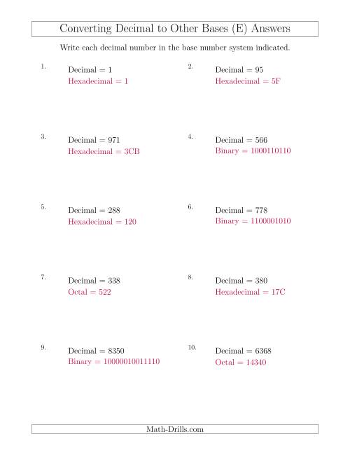 The Converting Decimal Numbers to Other Base Systems (E) Math Worksheet Page 2