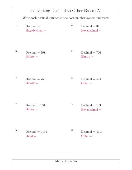 The Converting Decimal Numbers to Other Base Systems (All) Math Worksheet