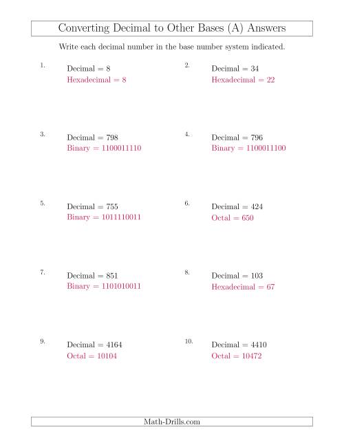 The Converting Decimal Numbers to Other Base Systems (All) Math Worksheet Page 2