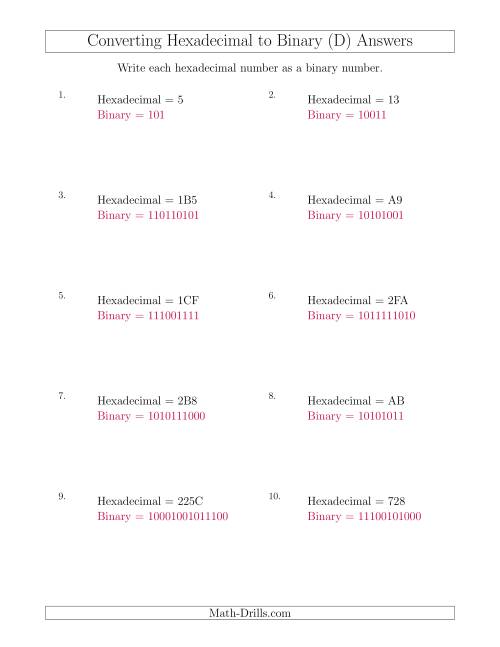 The Converting Hexadecimal Numbers to Binary Numbers (D) Math Worksheet Page 2