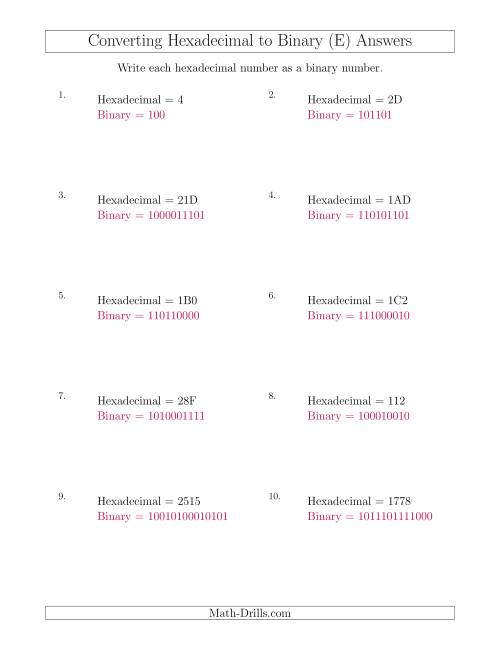 The Converting Hexadecimal Numbers to Binary Numbers (E) Math Worksheet Page 2