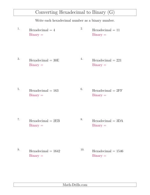 The Converting Hexadecimal Numbers to Binary Numbers (G) Math Worksheet