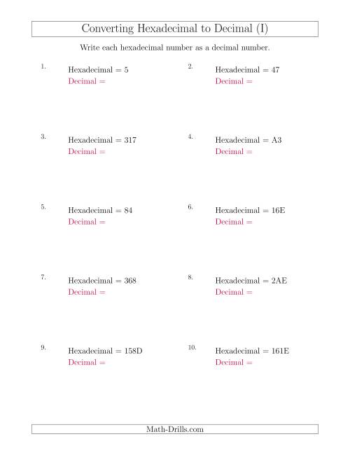 The Converting Hexadecimal Numbers to Decimal Numbers (I) Math Worksheet