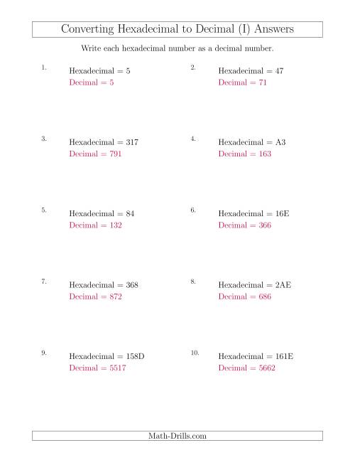 The Converting Hexadecimal Numbers to Decimal Numbers (I) Math Worksheet Page 2