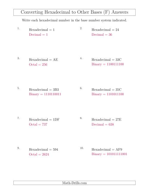 The Converting Hexadecimal Numbers to Other Base Systems (F) Math Worksheet Page 2