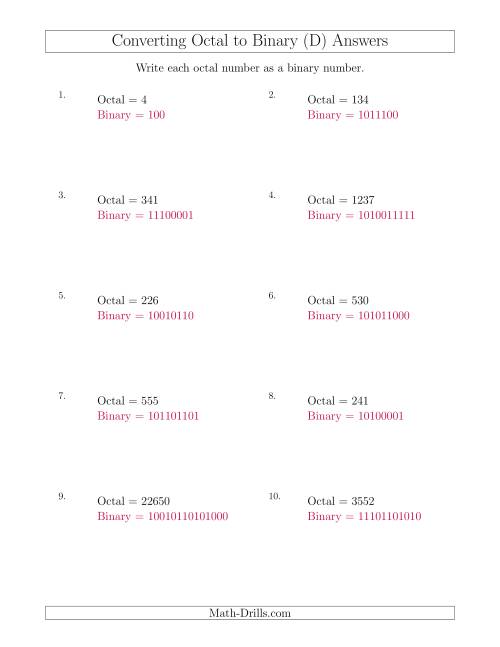 The Converting Octal Numbers to Binary Numbers (D) Math Worksheet Page 2