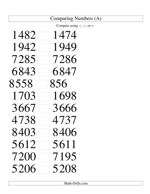 The Comparing Numbers to 10 000 Tight (SI Version) (Large Print) Math Worksheet